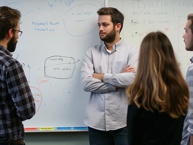 Team reviewing website performance on a whiteboard